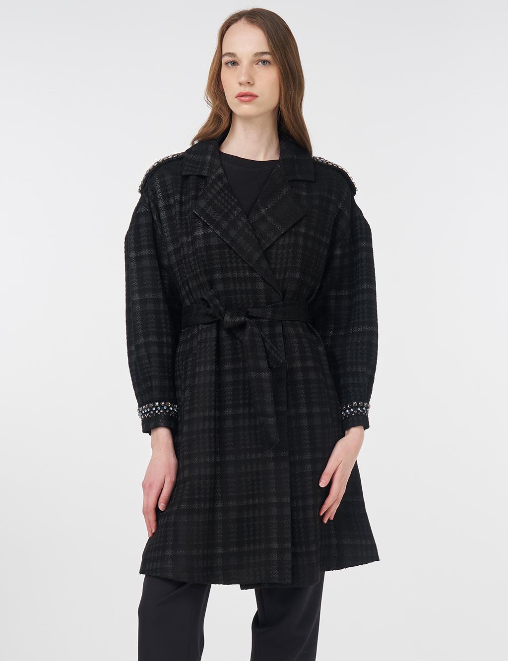 Animal Print Patterned Stone-Embellished Trench Coat Black