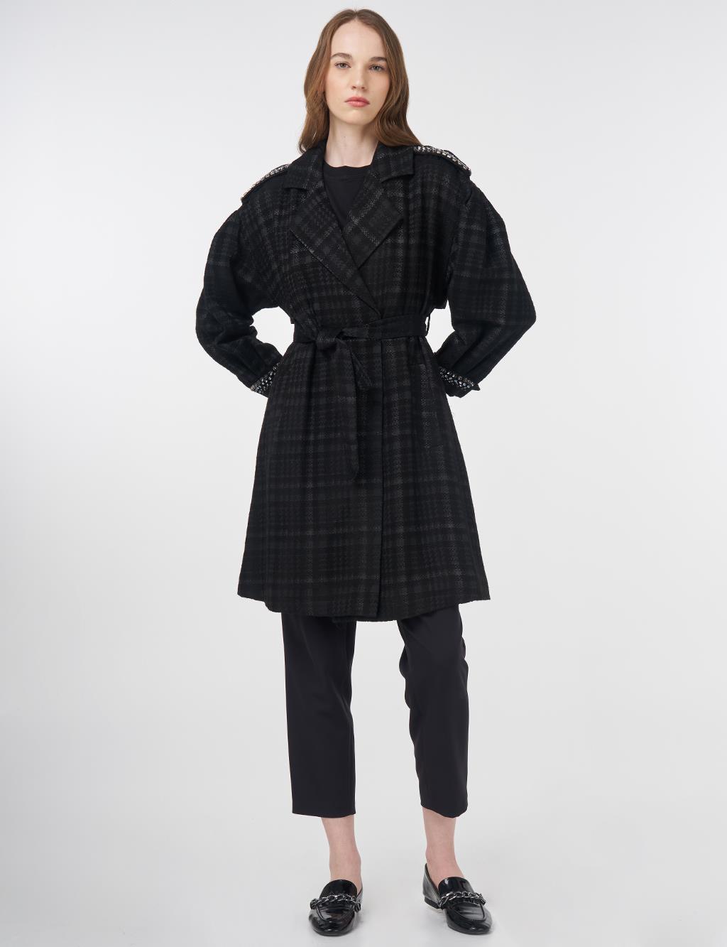 Animal Print Patterned Stone-Embellished Trench Coat Black