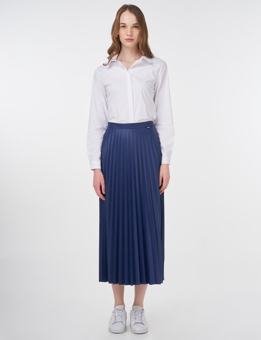 Elasticated Pleated Faux Leather Skirt Royal Blue
