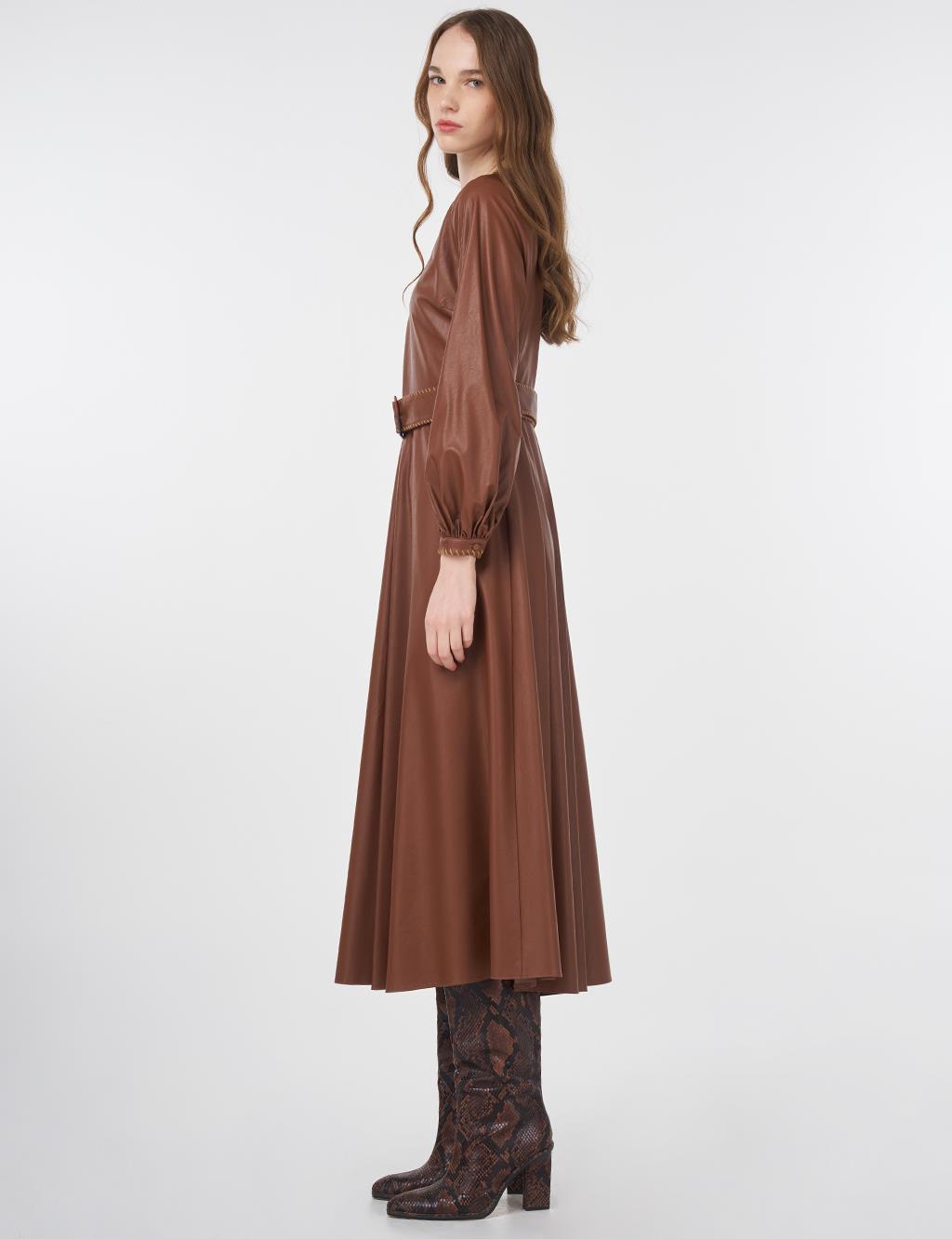 Belted Faux Leather Dress Tan