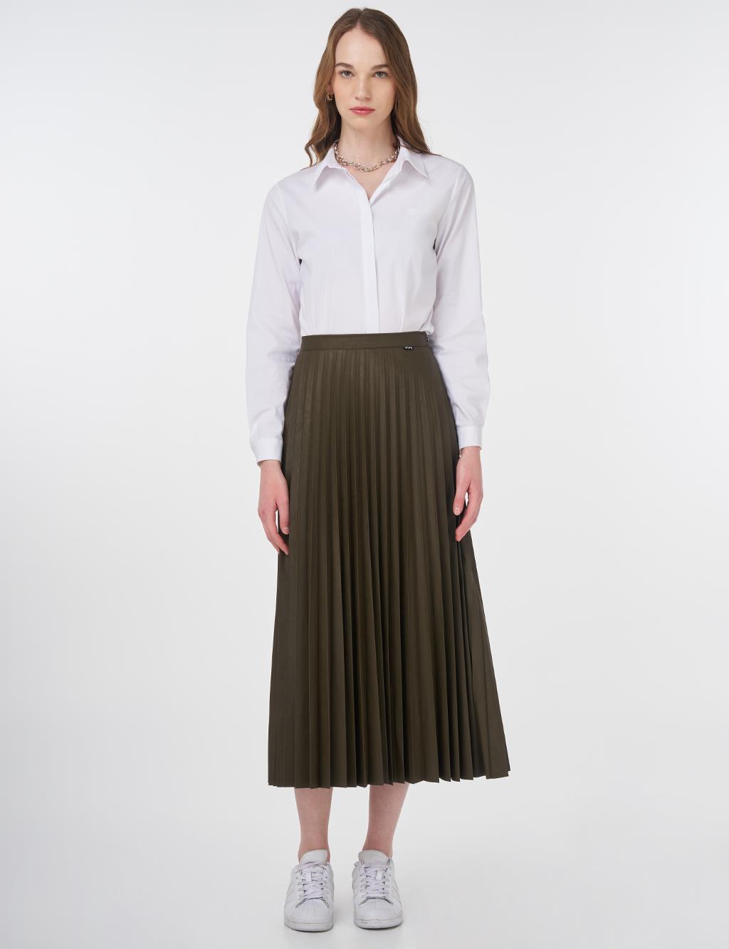 Elasticated Pleated Faux Leather Skirt Henna Color