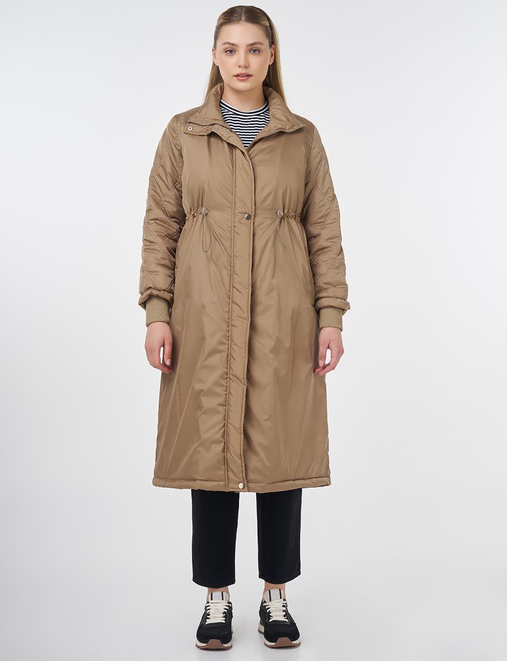 Belted Quilted Mix Anorak Coat Dark Taupe