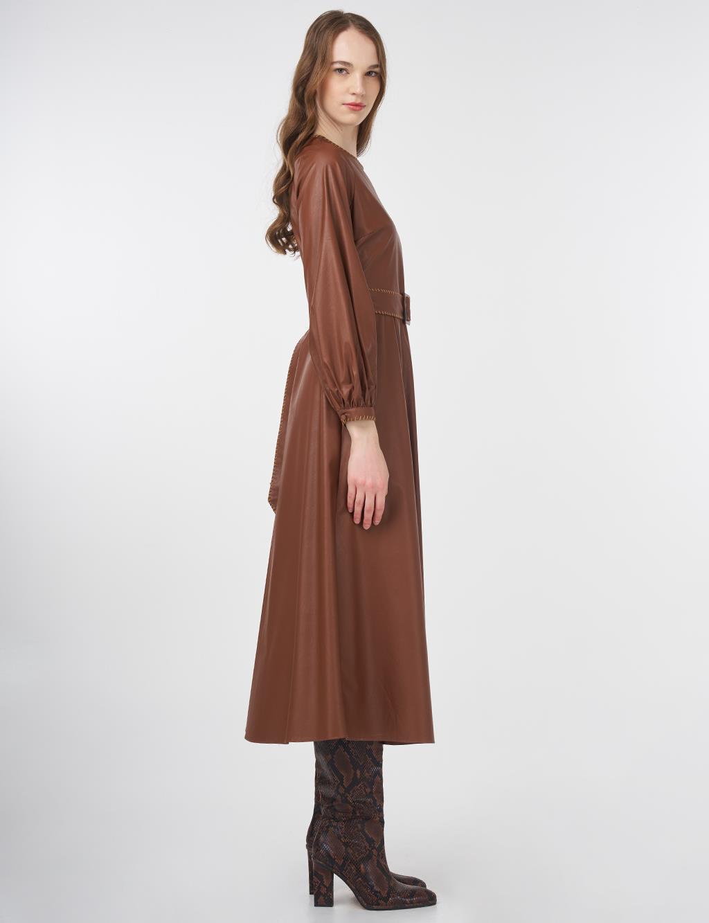 Belted Faux Leather Dress Tan