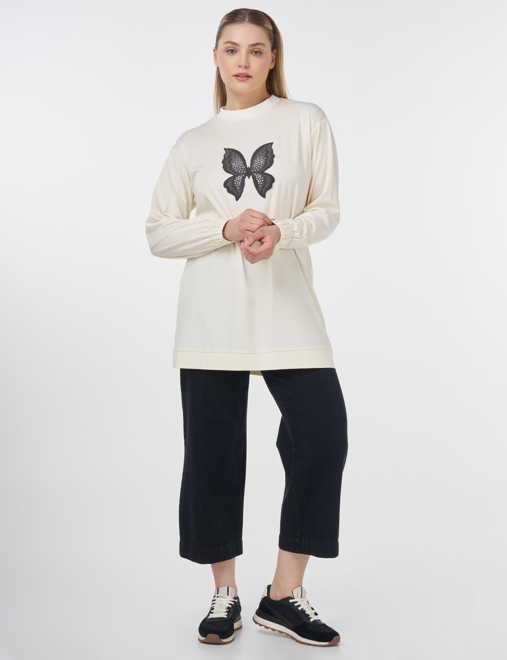 Butterfly Embroidered Cotton Sweatshirt Ecru 