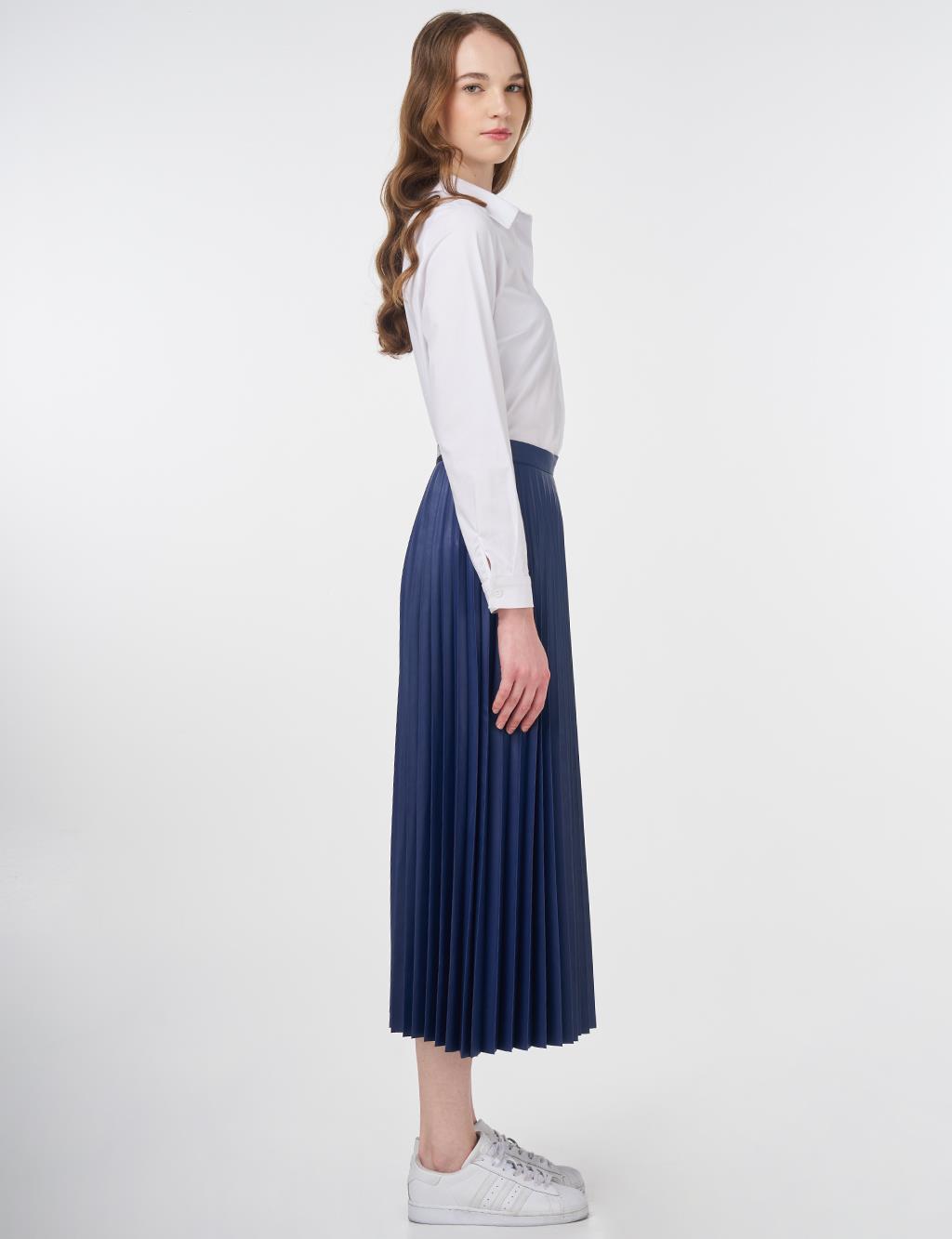 Elasticated Pleated Faux Leather Skirt Royal Blue