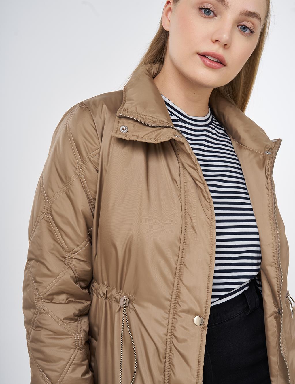Belted Quilted Mix Anorak Coat Dark Taupe