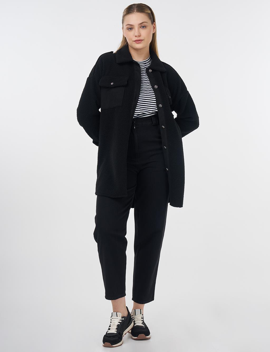 Double Pocket Plush Jacket Black