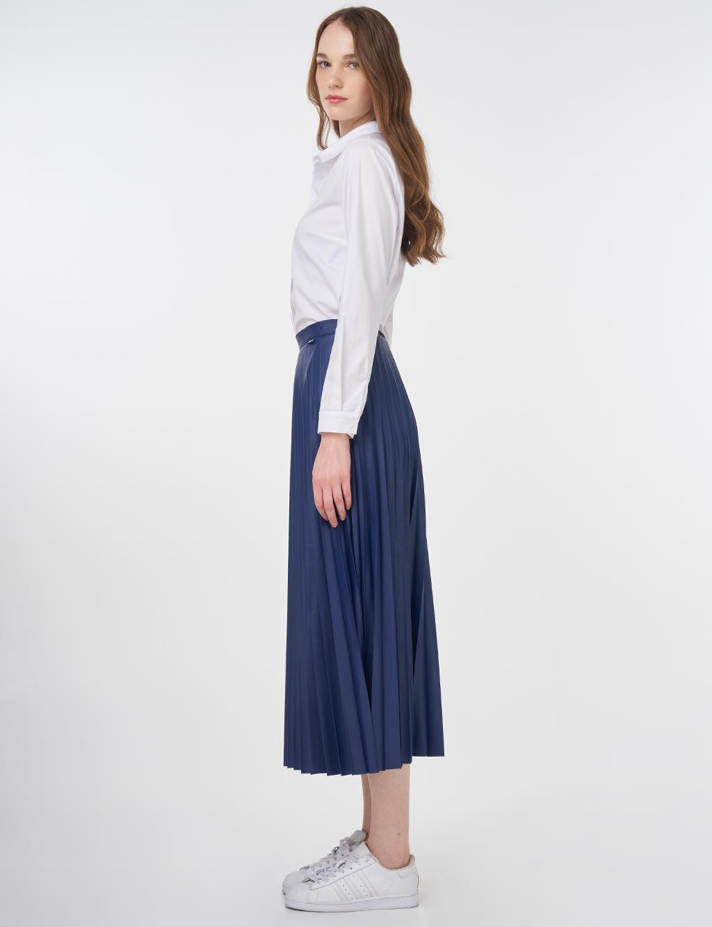 Elasticated Pleated Faux Leather Skirt Royal Blue