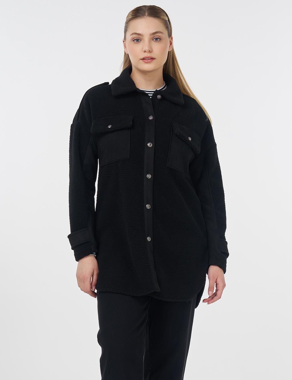 Double Pocket Plush Jacket Black