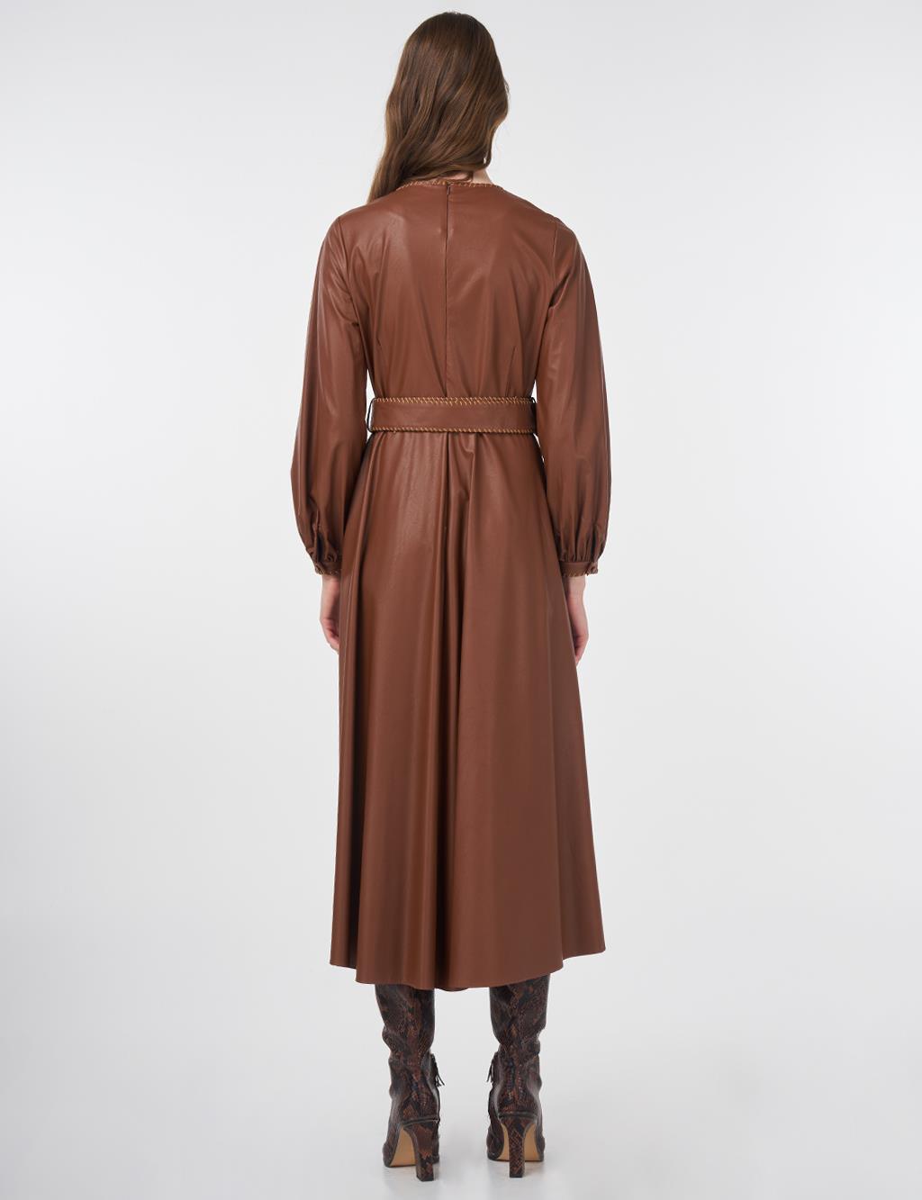 Belted Faux Leather Dress Tan