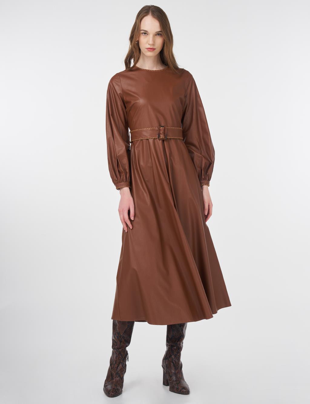 Belted Faux Leather Dress Tan