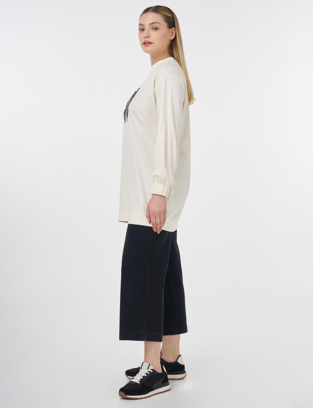 Butterfly Embroidered Cotton Sweatshirt Ecru 