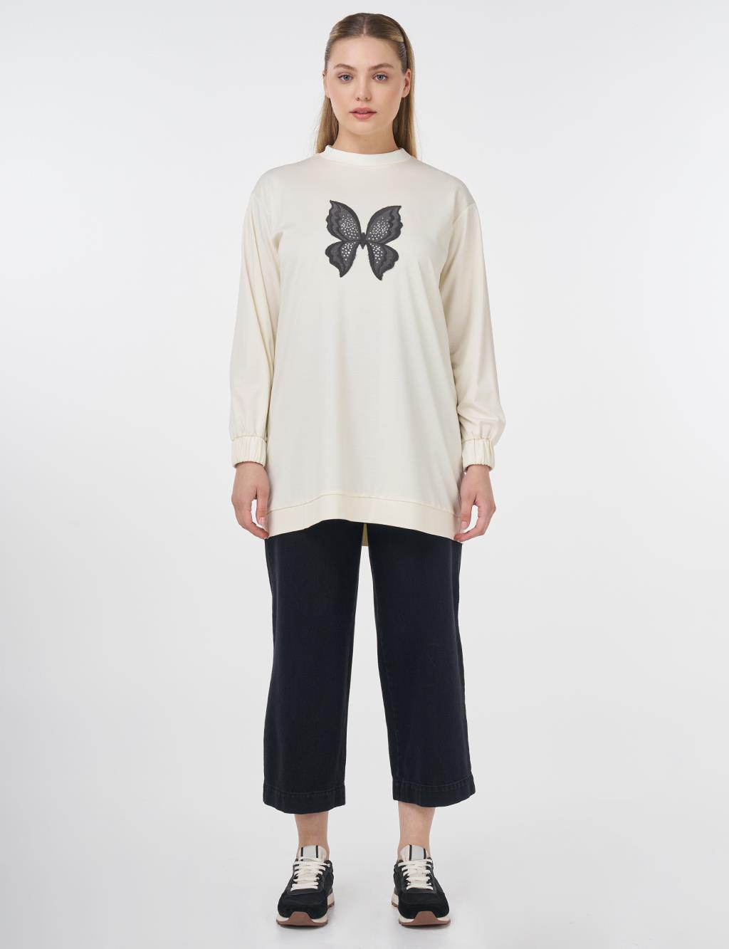 Butterfly Embroidered Cotton Sweatshirt Ecru 