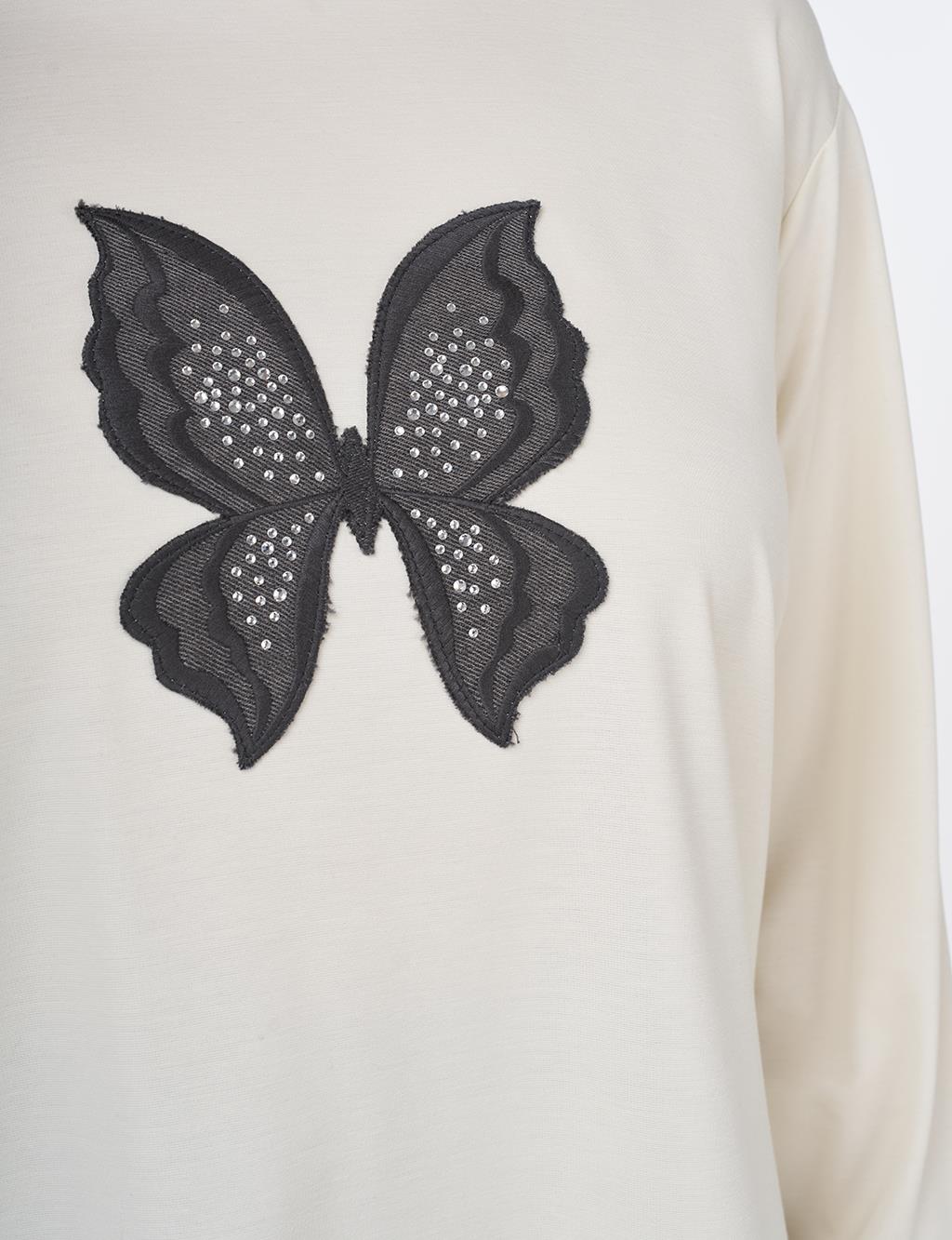 Butterfly Embroidered Cotton Sweatshirt Ecru 
