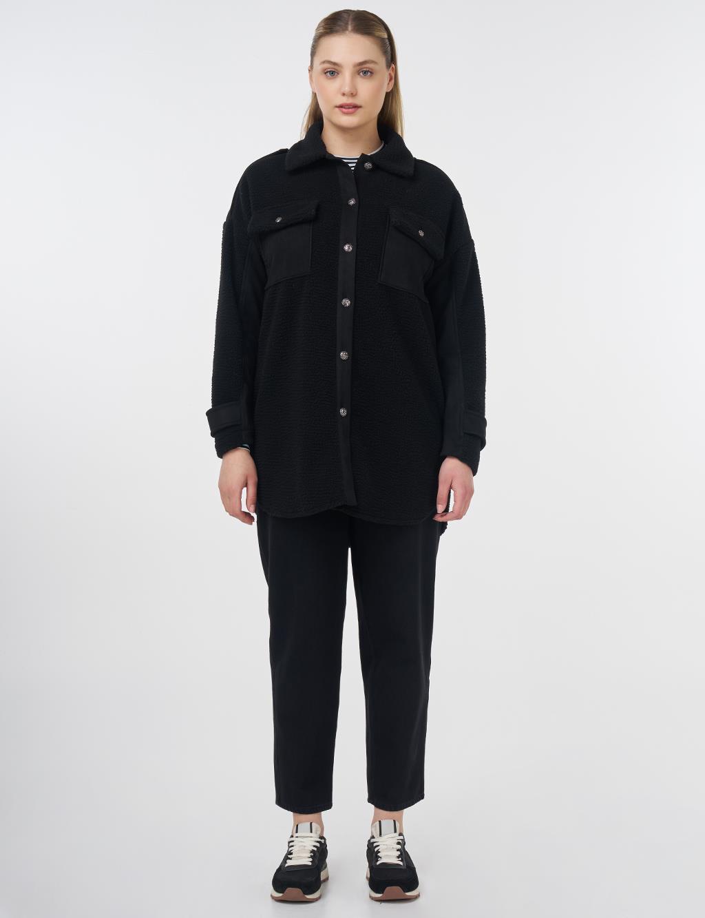 Double Pocket Plush Jacket Black