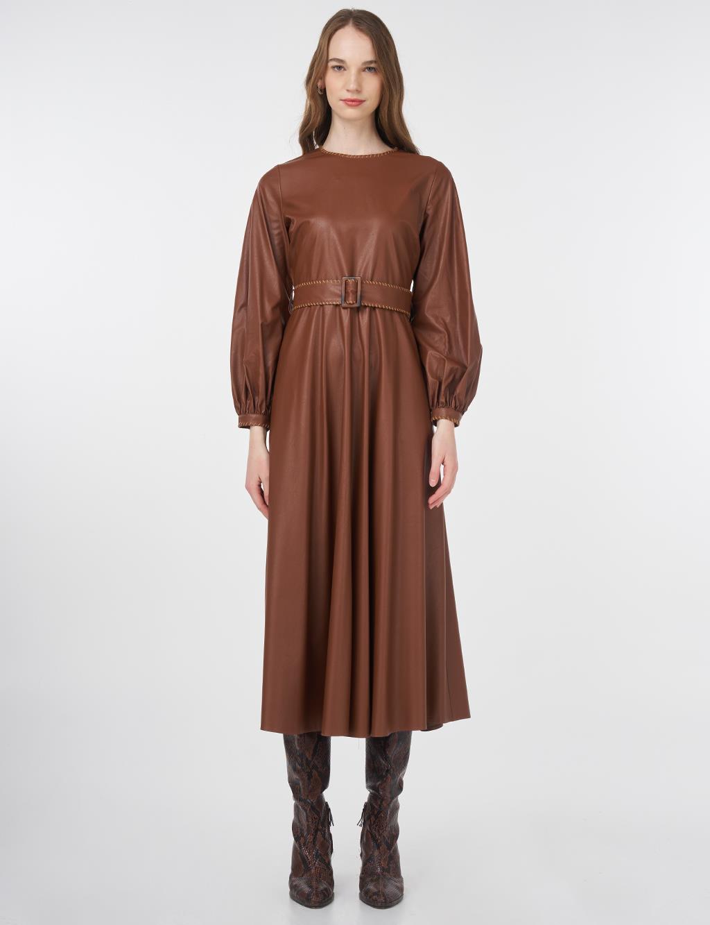 Belted Faux Leather Dress Tan
