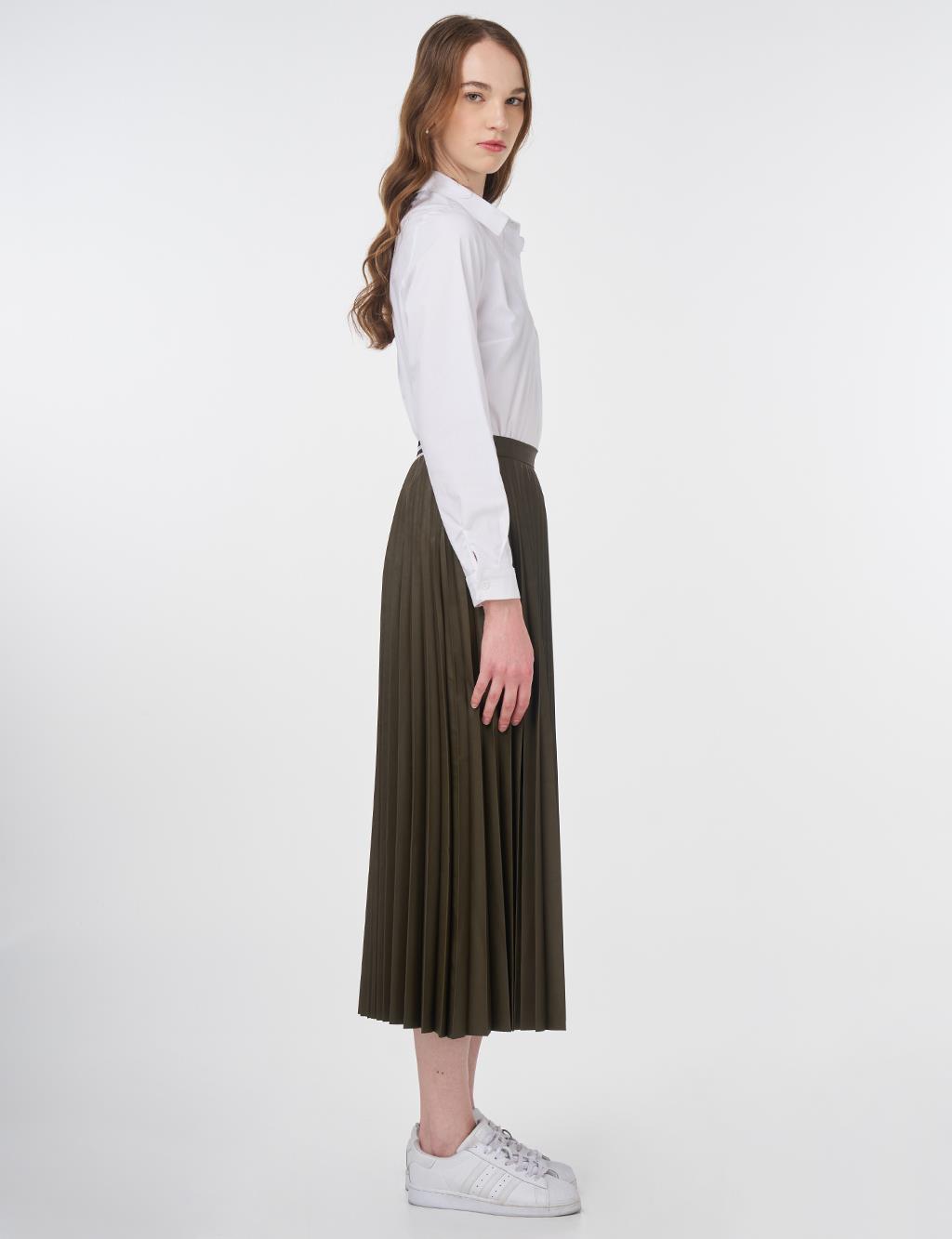 Elasticated Pleated Faux Leather Skirt Henna Color