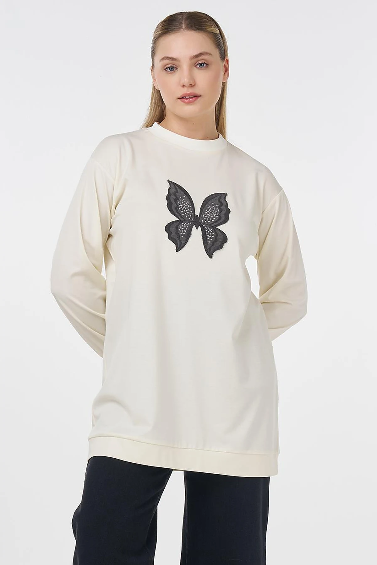 Kelebek Nakışlı Sweatshirt Ekru 