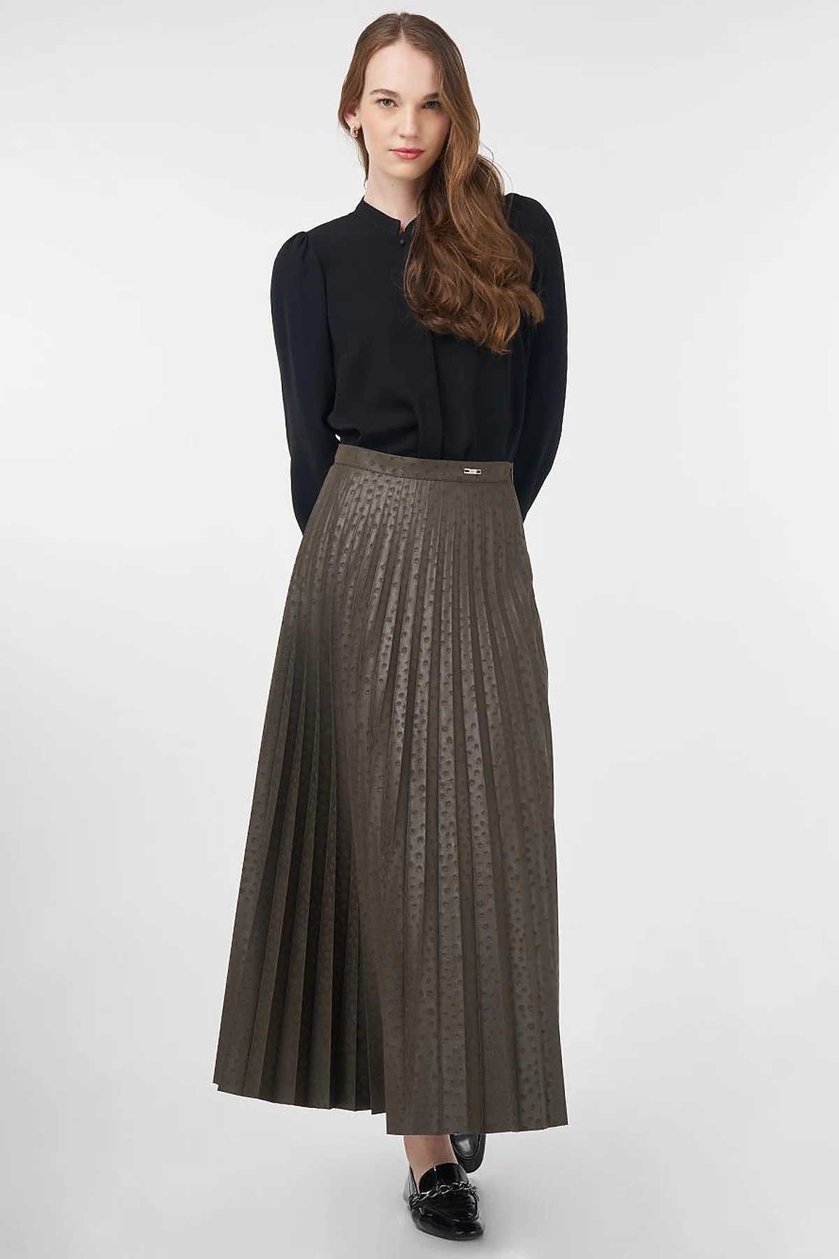 Polka Dot Patterned Pleated Skirt Khaki
