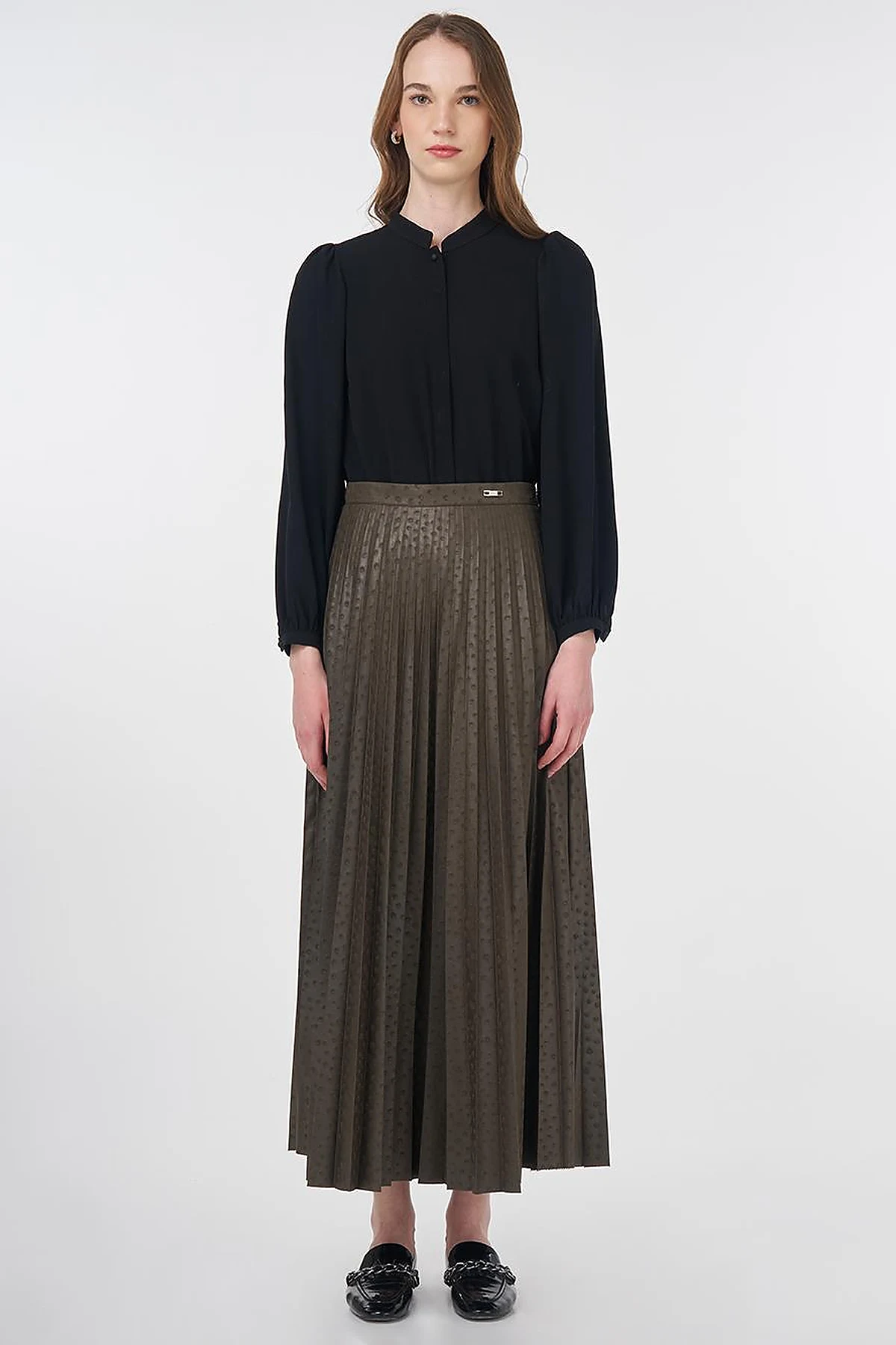 Polka Dot Patterned Pleated Skirt Khaki
