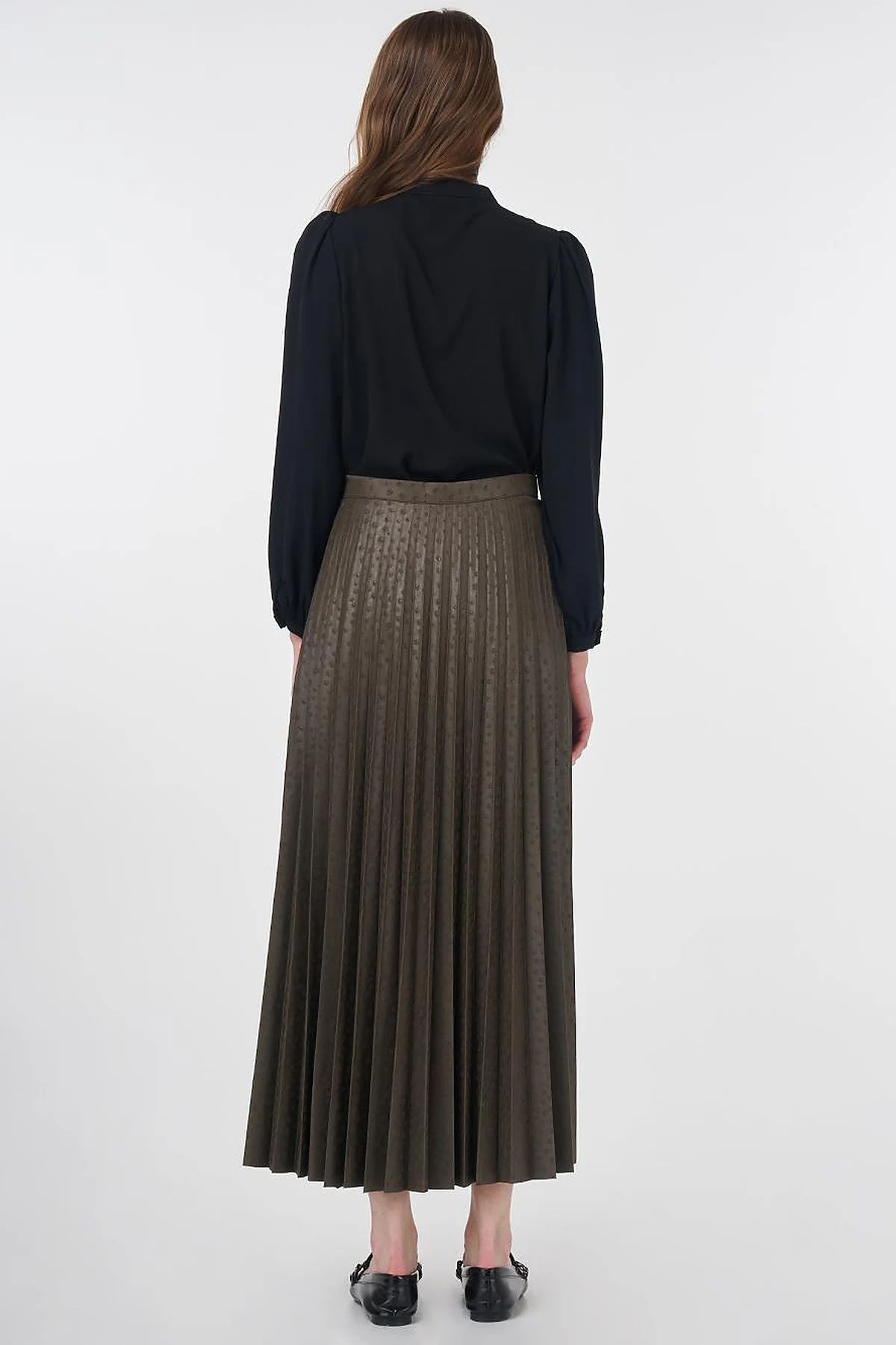 Polka Dot Patterned Pleated Skirt Khaki
