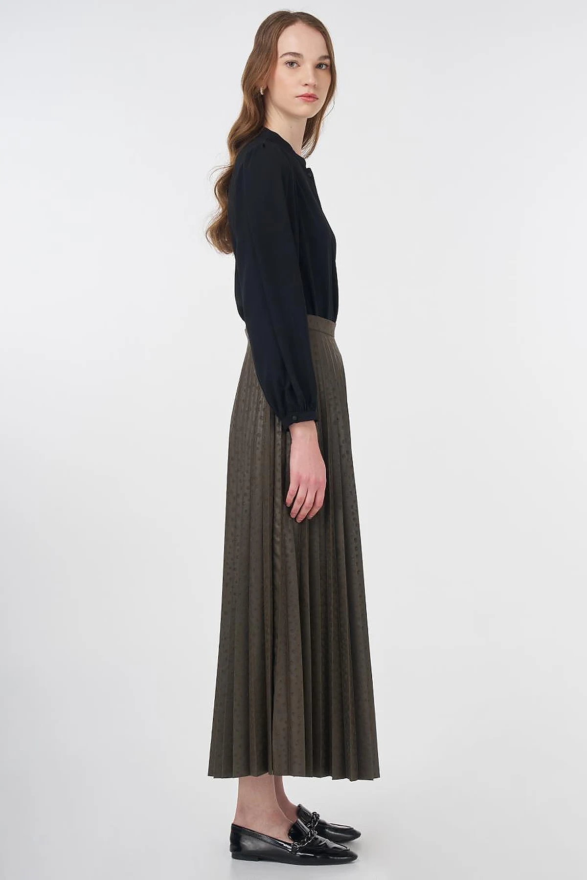 Polka Dot Patterned Pleated Skirt Khaki