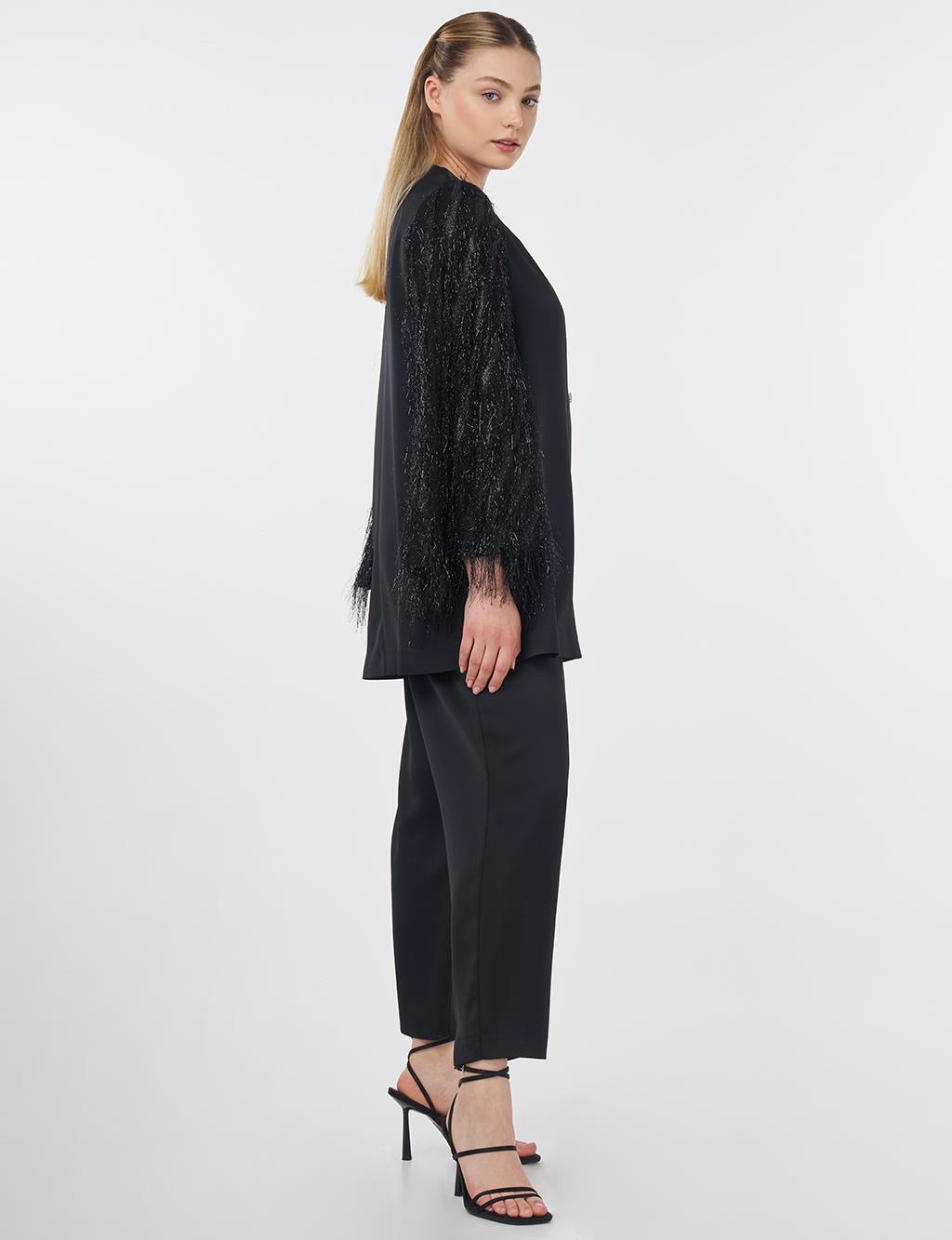 Fringe Detailed Satin Elegant Jacket Black