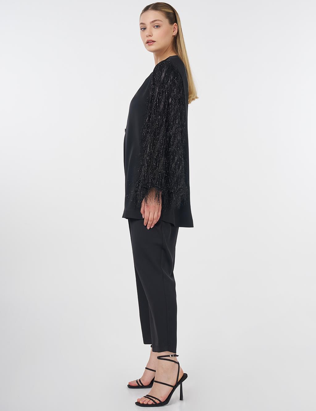 Fringe Detailed Satin Elegant Jacket Black