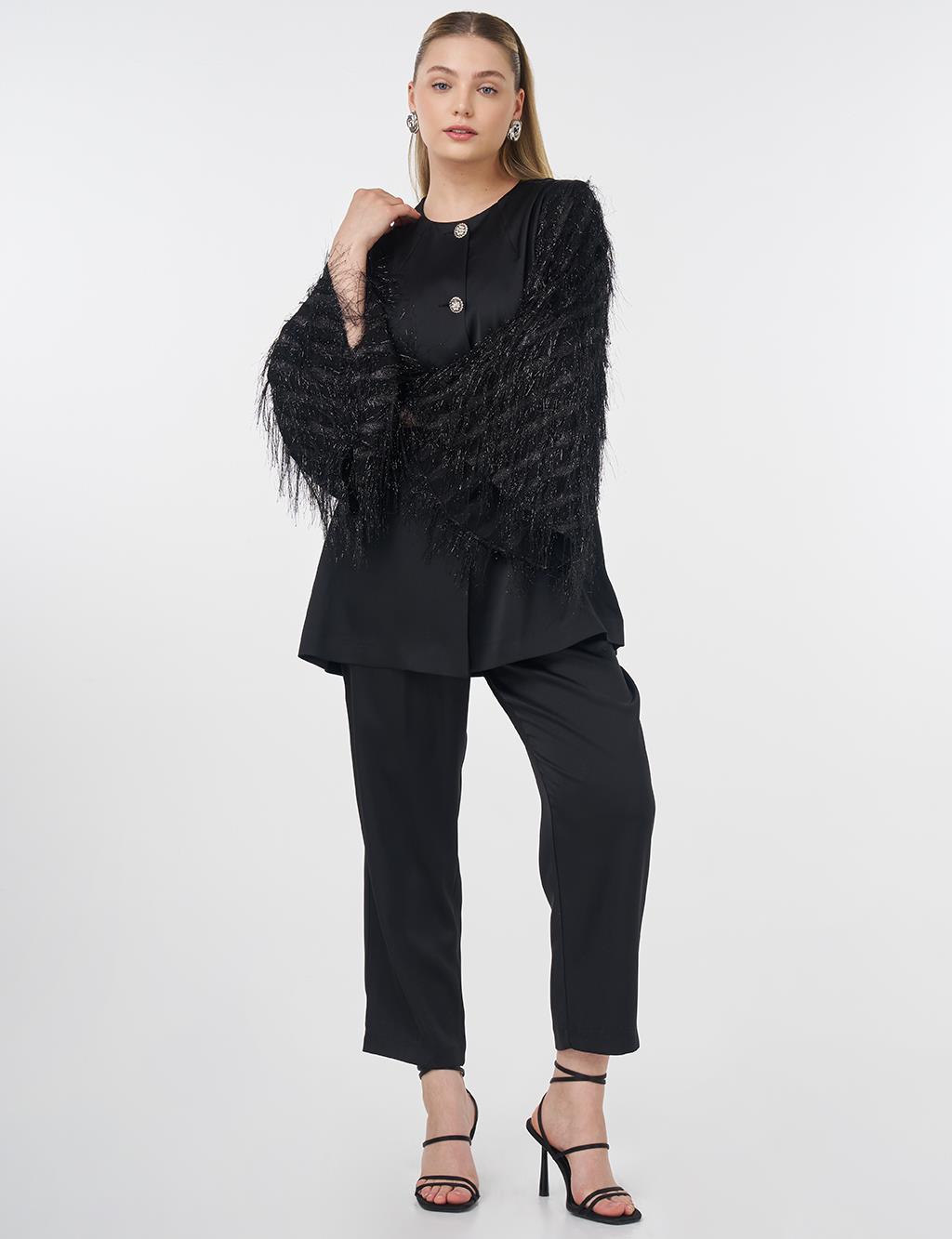 Fringe Detailed Satin Elegant Jacket Black