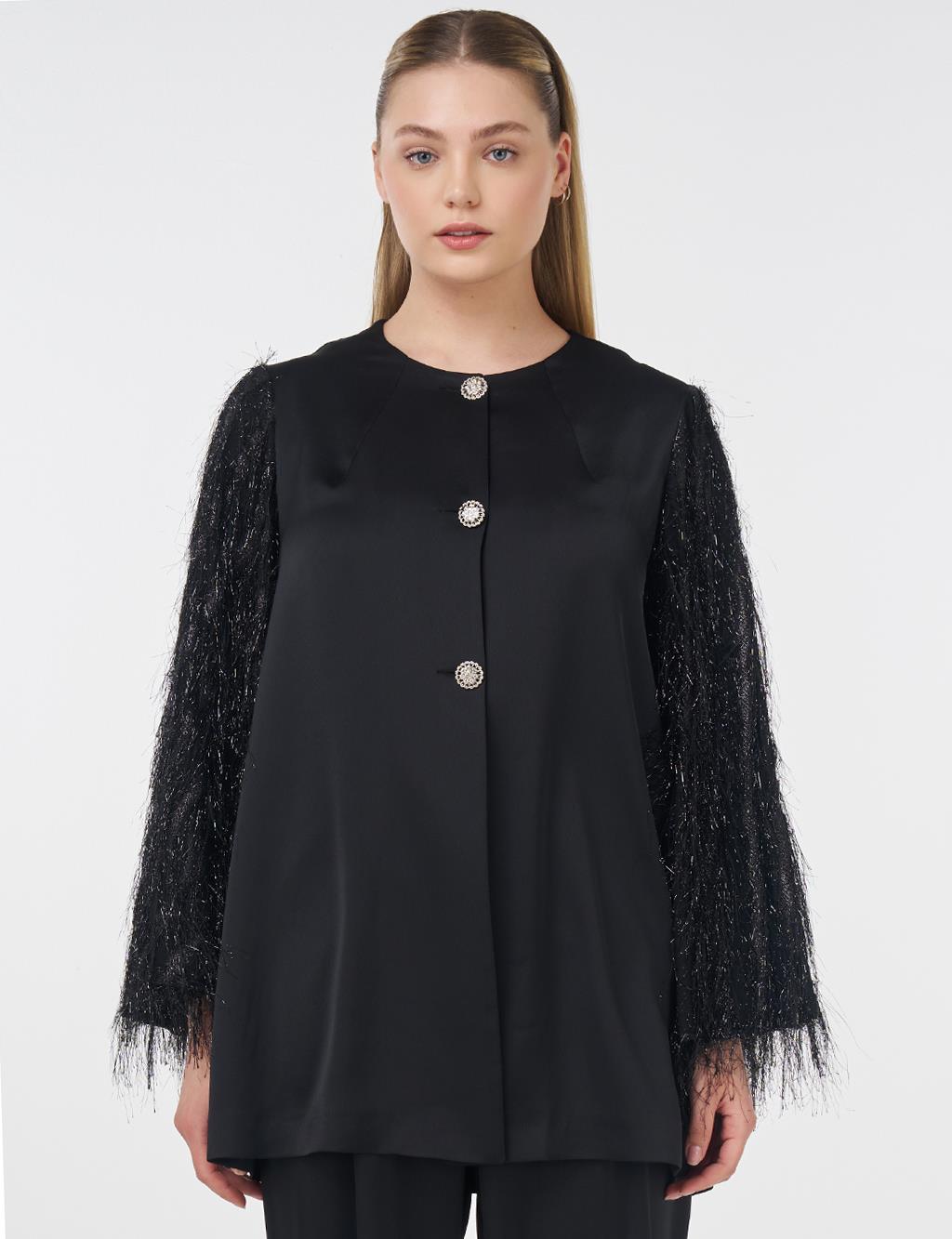 Fringe Detailed Satin Elegant Jacket Black