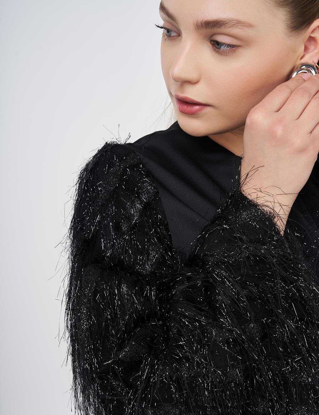 Fringe Detailed Satin Elegant Jacket Black