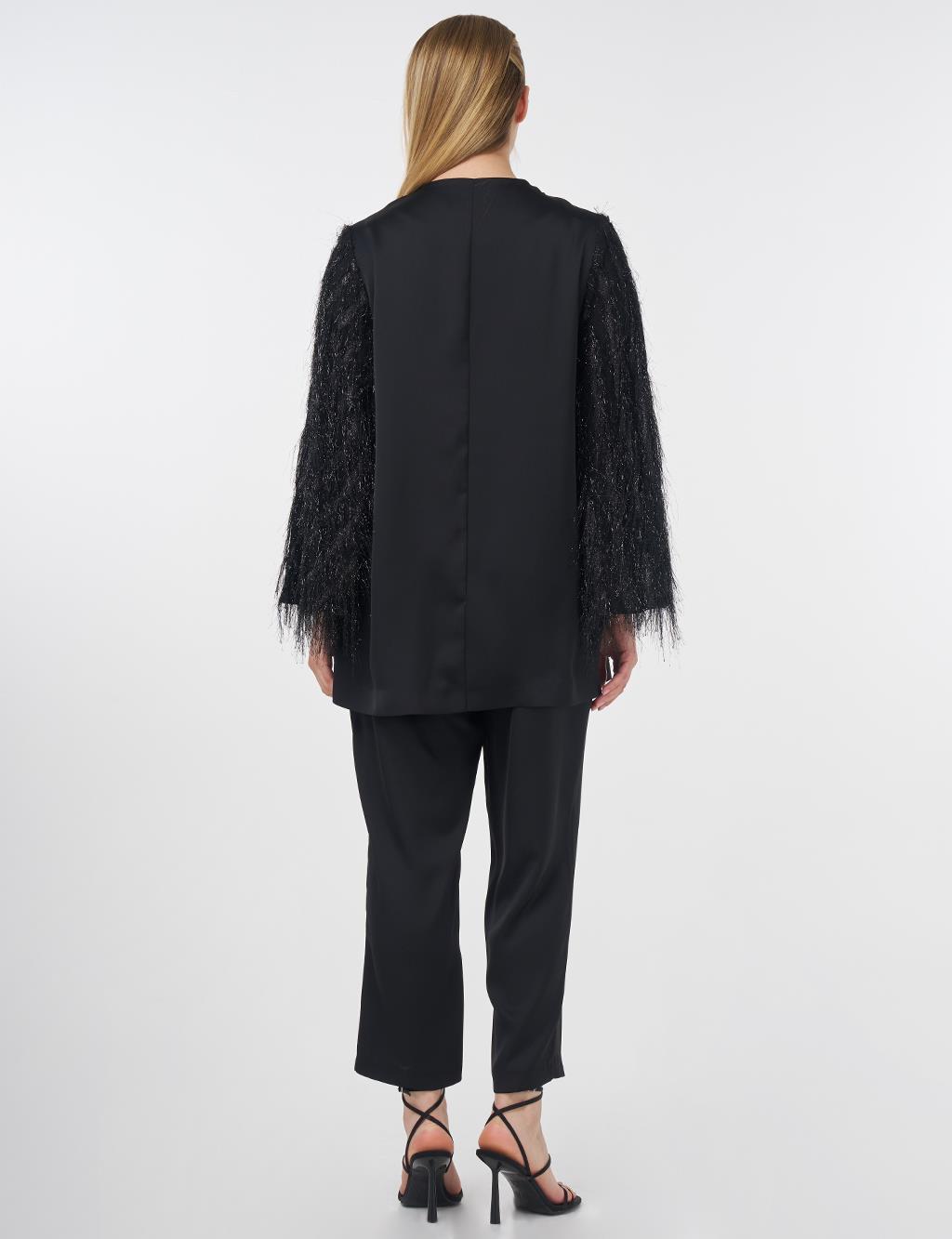 Fringe Detailed Satin Elegant Jacket Black