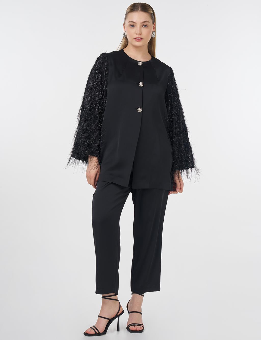Fringe Detailed Satin Elegant Jacket Black