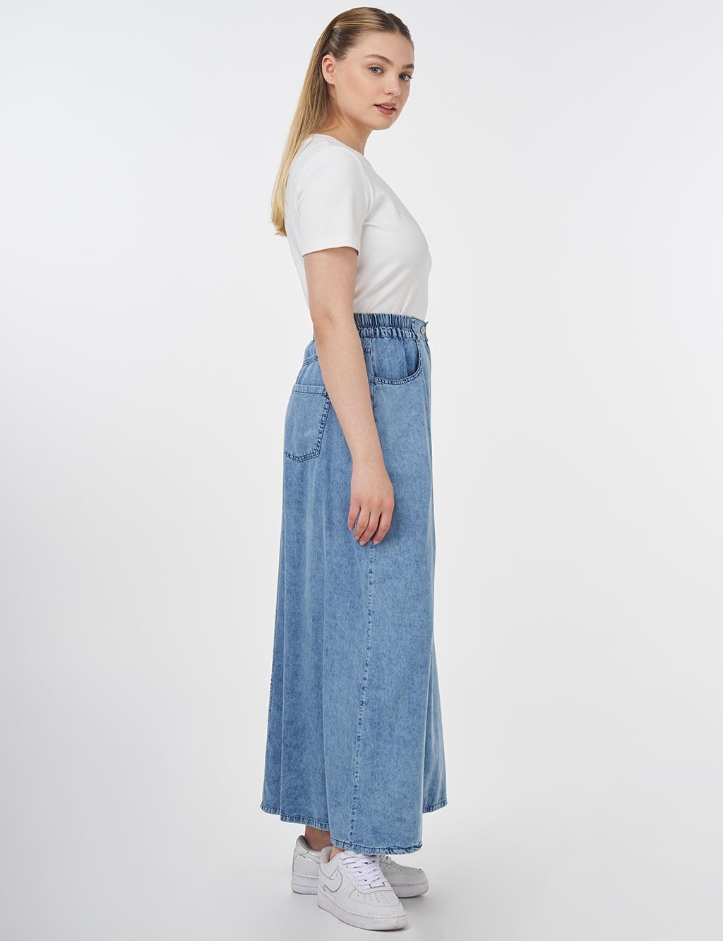 Elasticated Waist Buttoned A-Line Skirt in Towel Wash