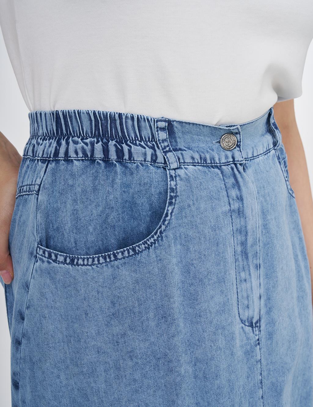 Elasticated Waist Buttoned A-Line Skirt in Towel Wash