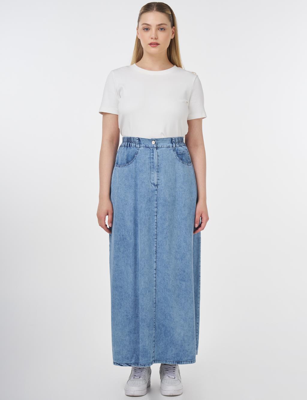 Elasticated Waist Buttoned A-Line Skirt in Towel Wash