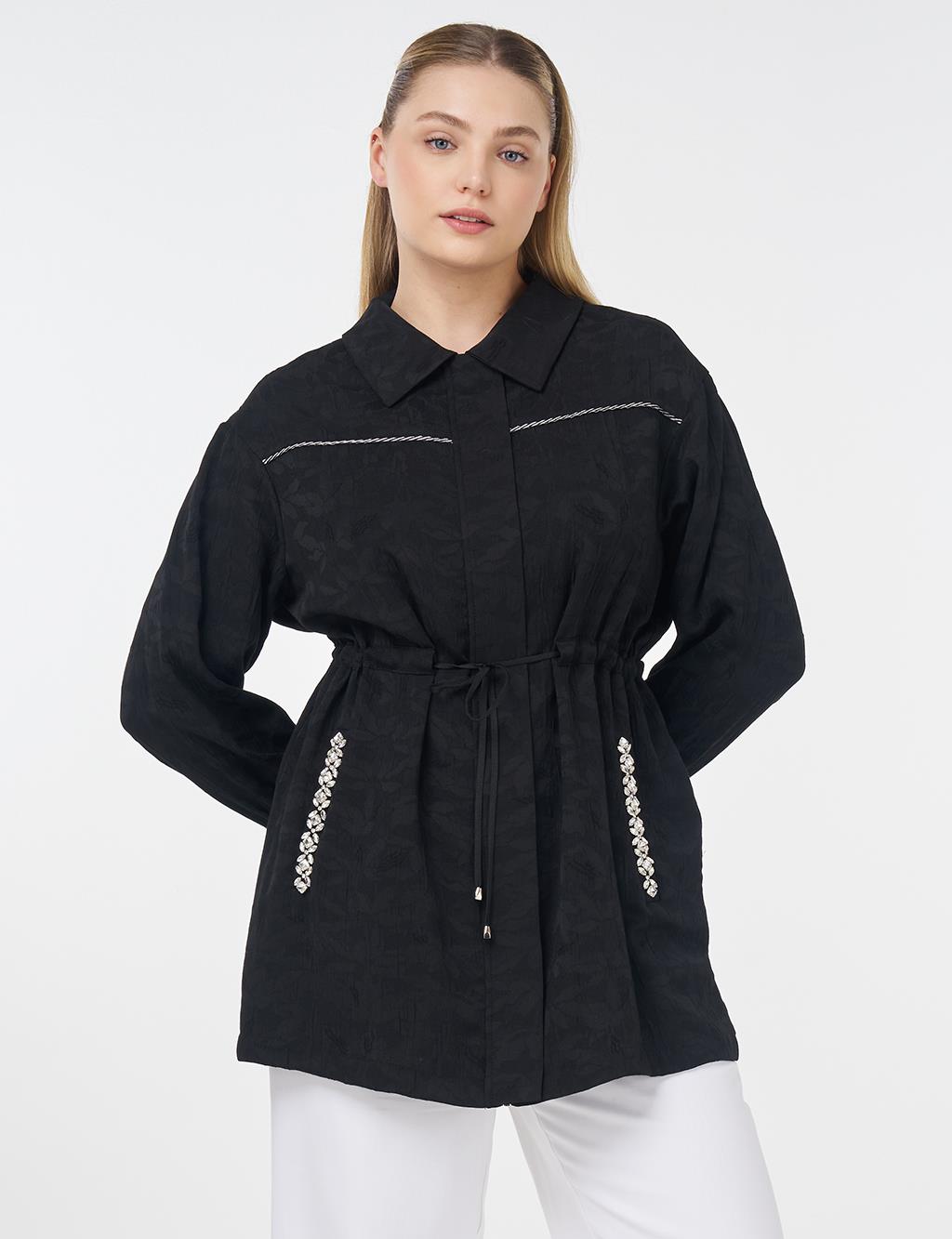 Drawstring Jacquard Jacket Black 