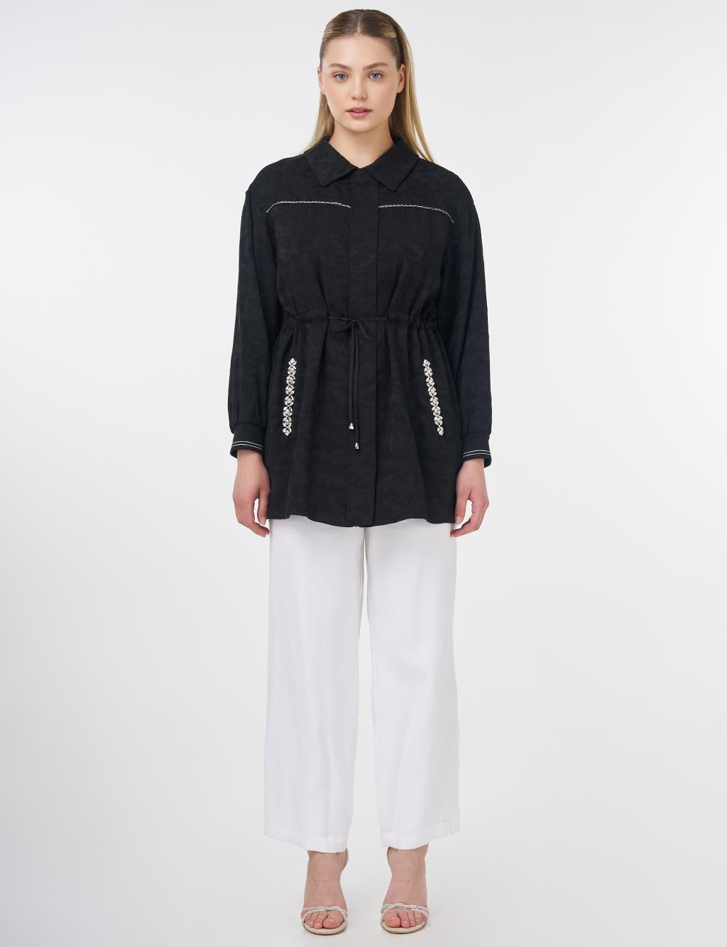 Drawstring Jacquard Jacket Black 