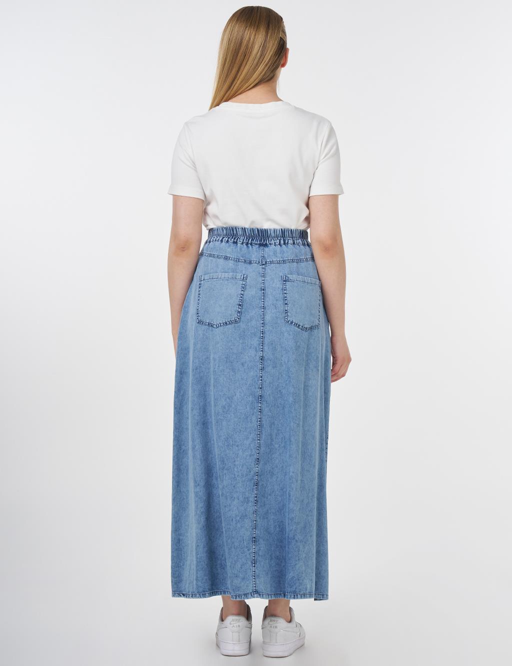 Elasticated Waist Buttoned A-Line Skirt in Towel Wash
