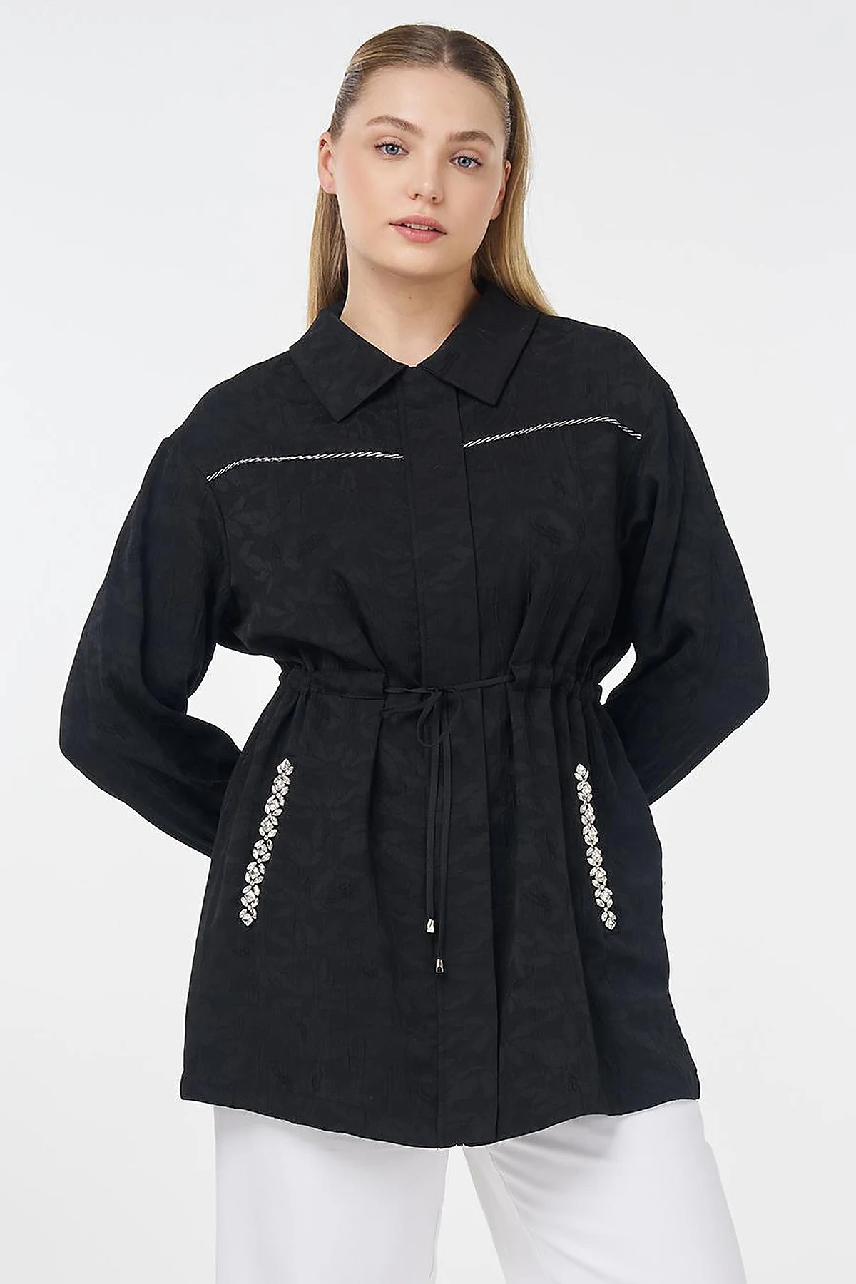 Drawstring Jacquard Jacket Black 