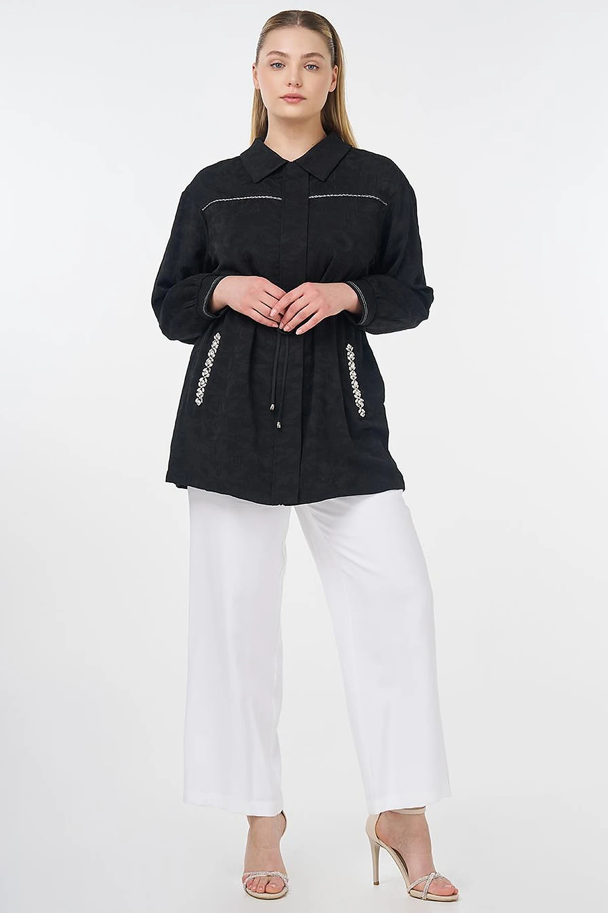 Drawstring Jacquard Jacket Black 
