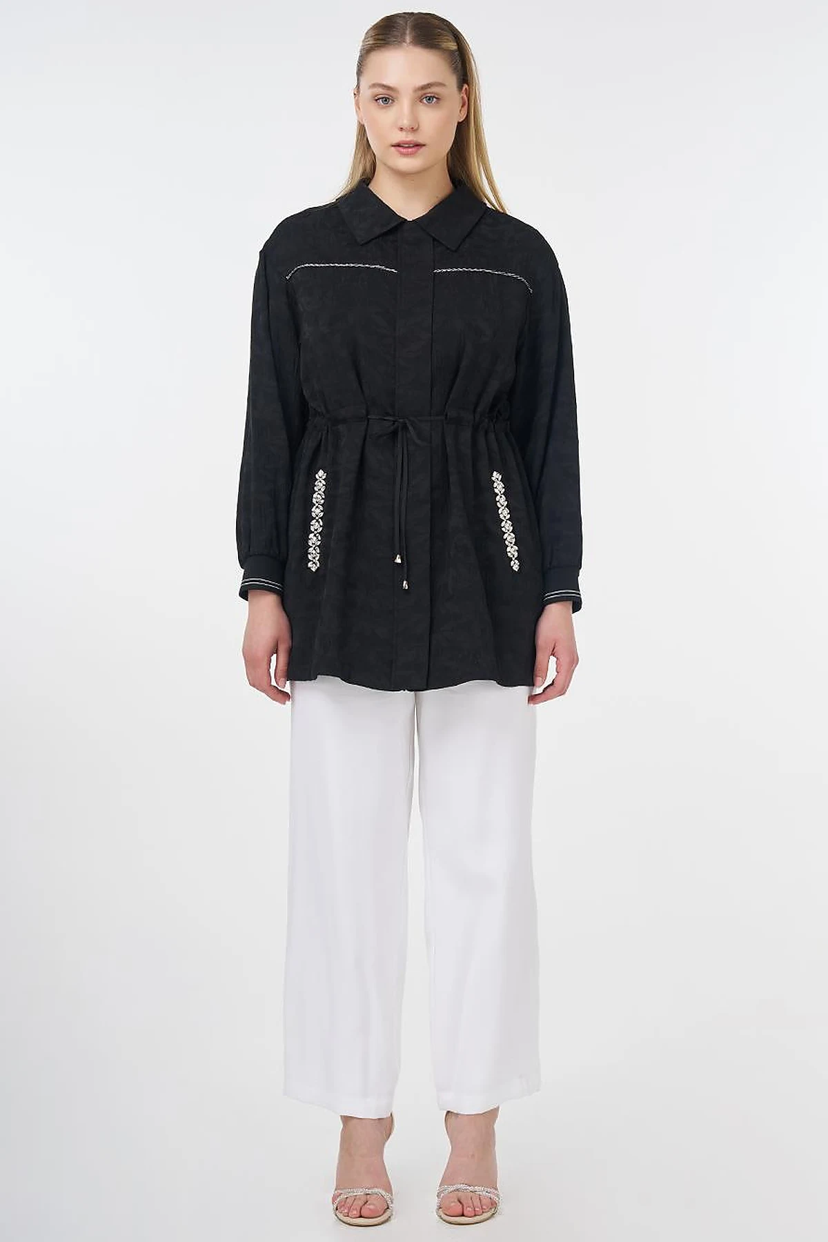Drawstring Jacquard Jacket Black 