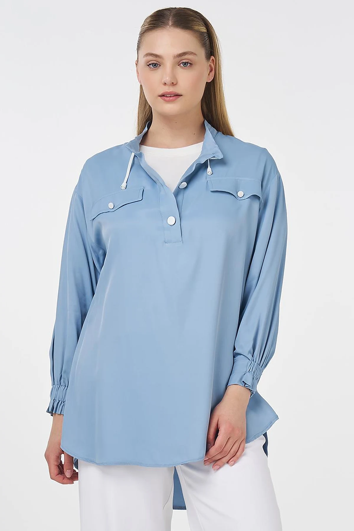 Flap Pocket Stand-Up Collar Tunic Sea Breeze