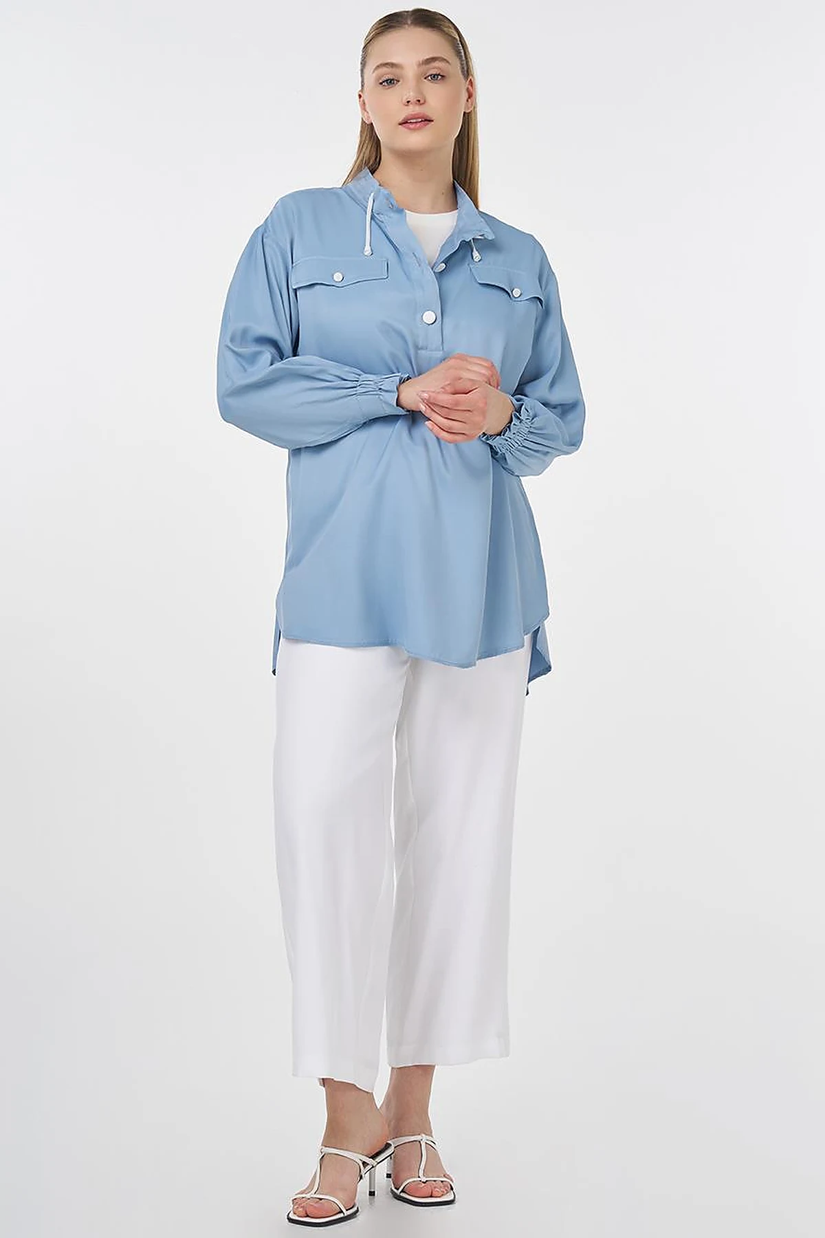 Flap Pocket Stand-Up Collar Tunic Sea Breeze