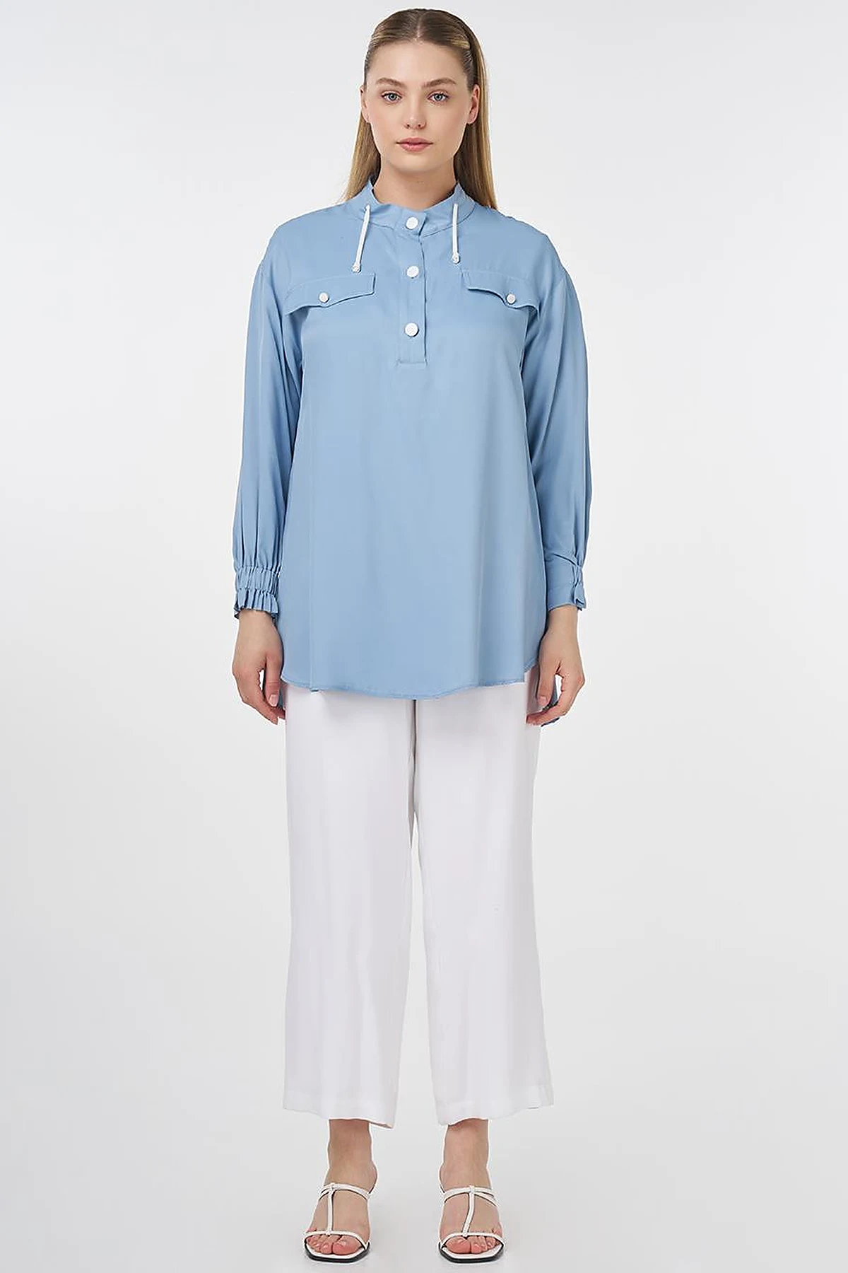 Flap Pocket Stand-Up Collar Tunic Sea Breeze