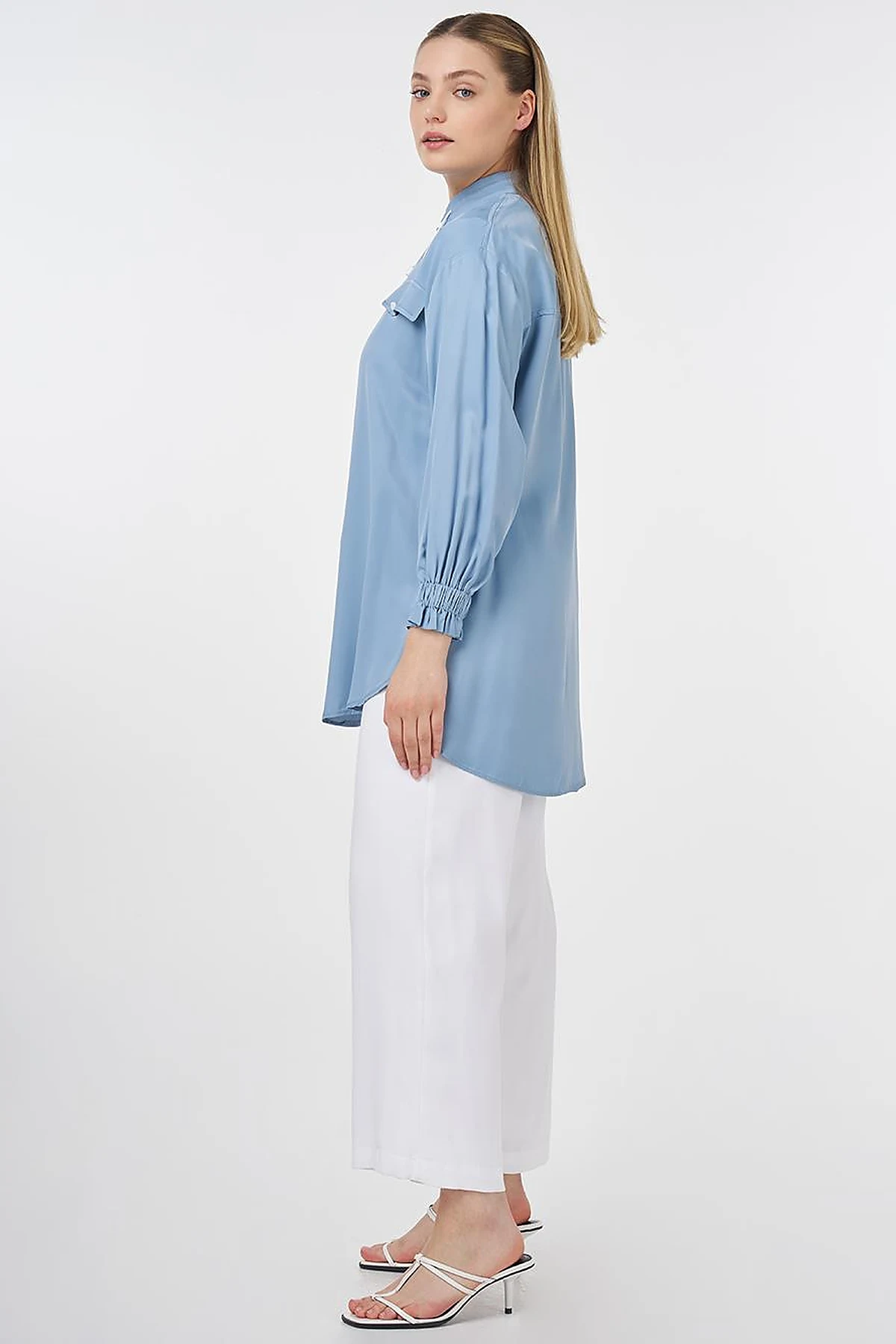 Flap Pocket Stand-Up Collar Tunic Sea Breeze