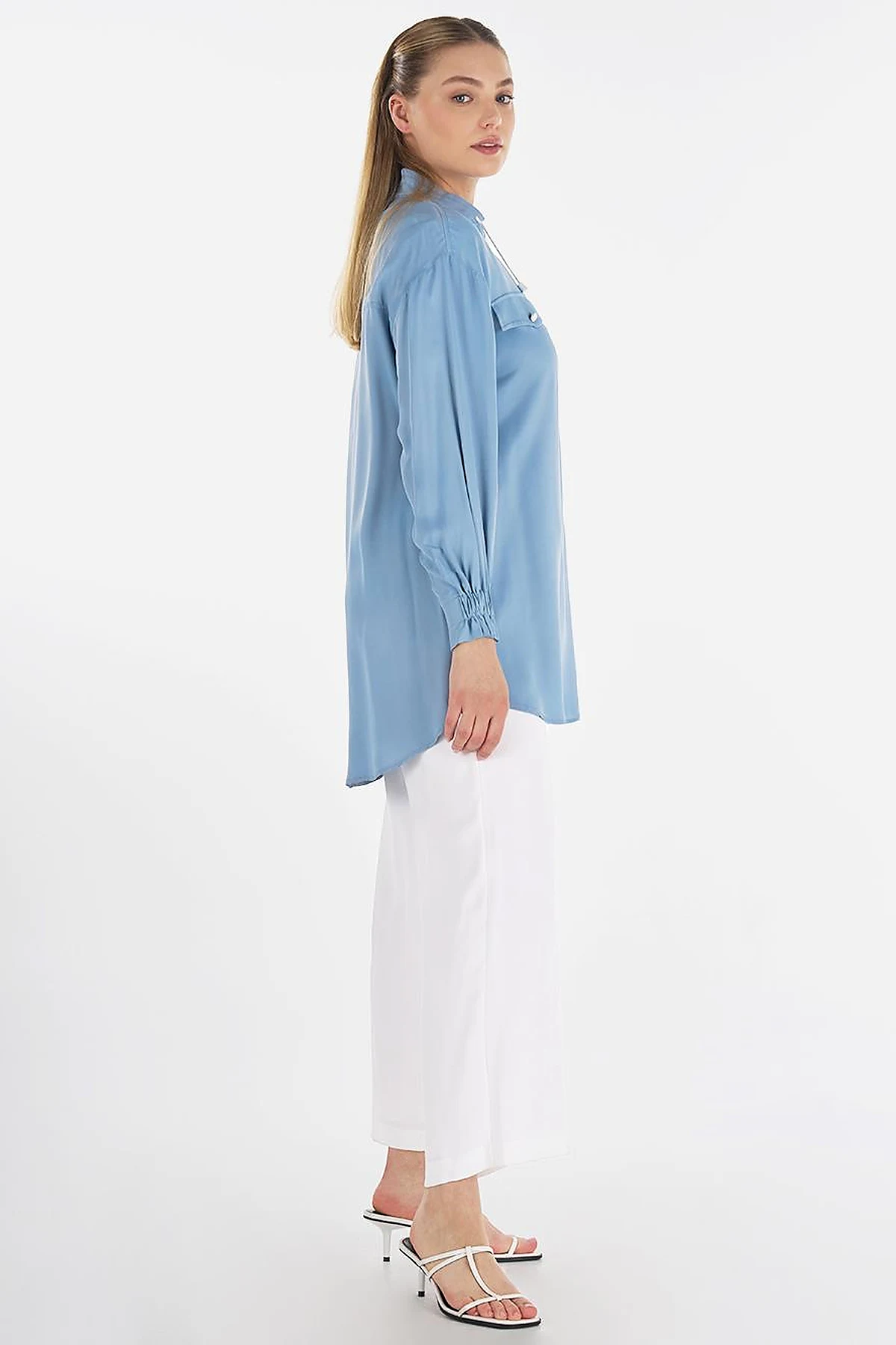 Flap Pocket Stand-Up Collar Tunic Sea Breeze