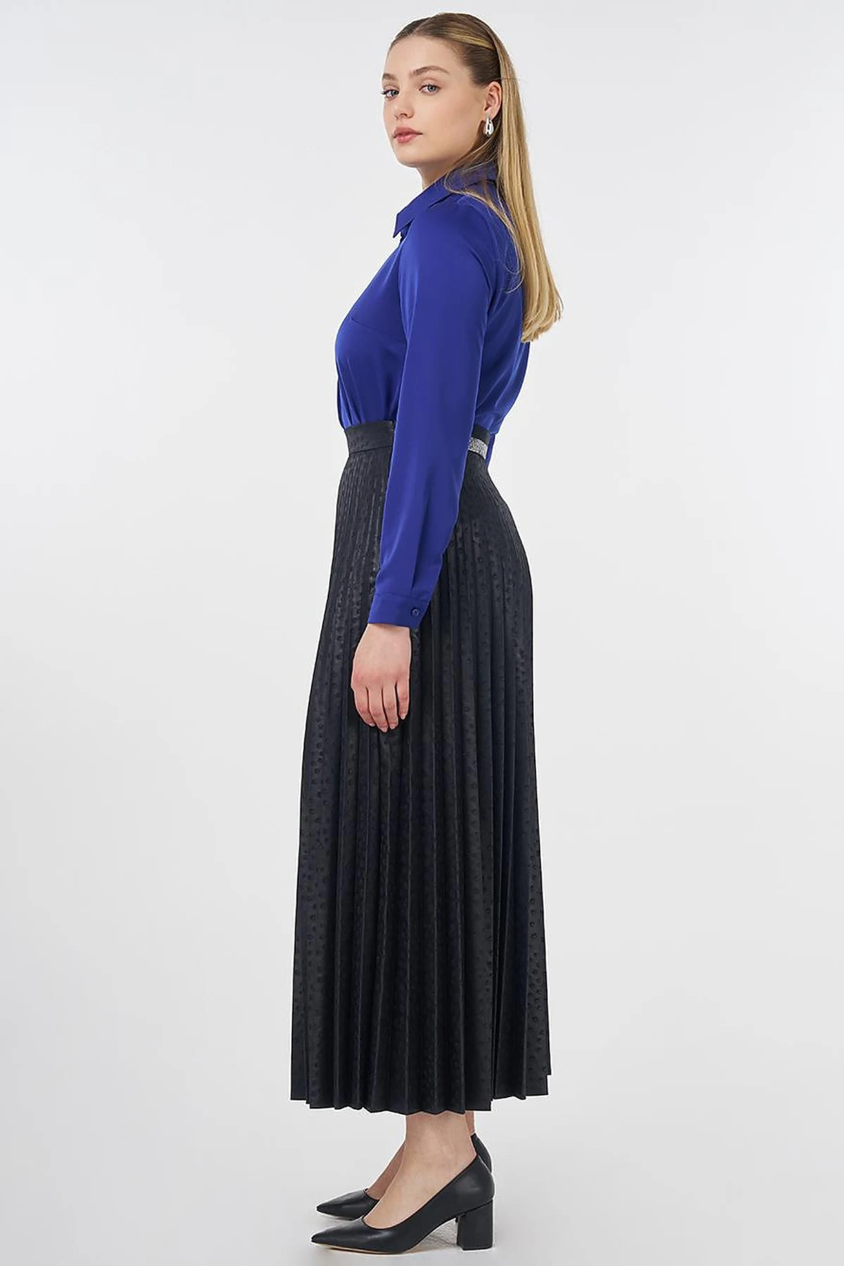 Polka Dot Pleated Skirt Navy