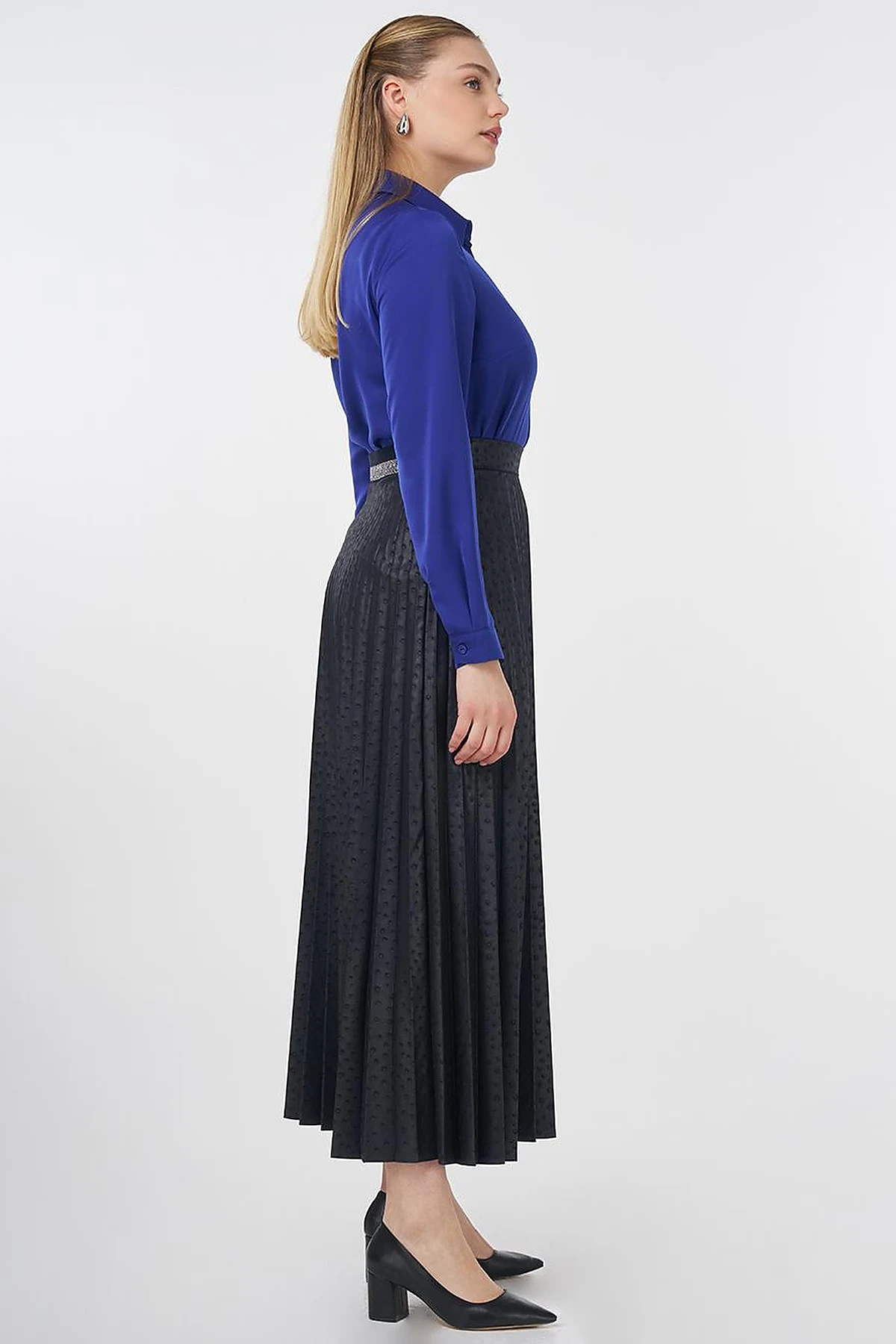 Polka Dot Pleated Skirt Navy