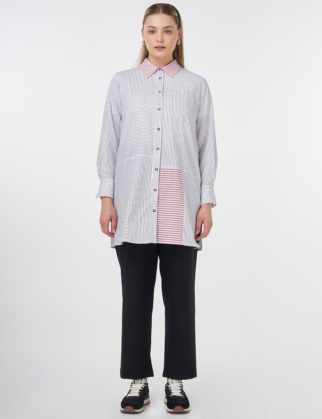 Striped Shirt Collar Tunic Black